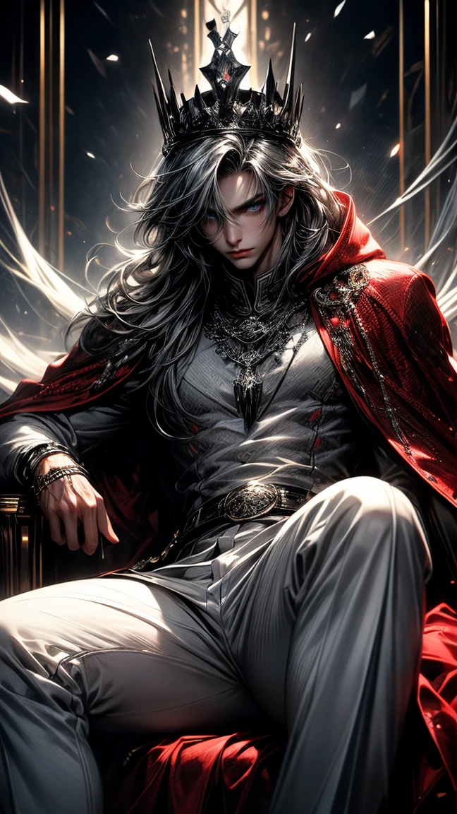 Masterpiece, best quality, high resolution, highly detailed, male, 1 man ( early twenties ), Good looking face,  black mixed with white long flowing hair ( light in the hair), pay attention to the hair full of a mixture of black and white ( black hair with several white strands), sky blue eyes ( glowing eyes ), serious expression ( cold look ), pale white skin, toned physique, wearing a grey hoodie, and white pants, black watch, surrounded by the splendors of the earth, wearing a crown made of blood and sitting on a red throne, pay attention to stunning details, and achieve a resolution of 128k, floating in a dynamic pose, high quality, with a majestic aura of authority.