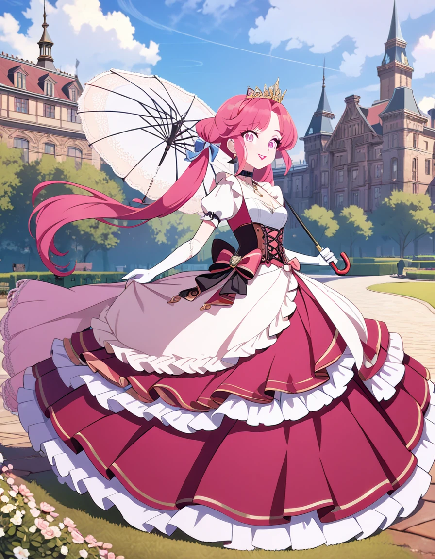 (best quality,4k,8k,highres,masterpiece:1.2),ultra-detailed, steampunk settings, Pretty princess, drawn in anime style, she’s cute and joyful, smiling, long red pigtails hair, pink eyes, small breast, lipstick, makeup, pink eyeshadow, long eyelashes, dainty and delicate body, red princess gown with puffy sleeves, physically-based rendering,gorgeous dress design,flowing gown,elaborate lace details,rich textures,contrast stitching,delicate ribbon bows,floral accents,long maxi skirt,short sleeves,fitted waistline,lace-up back,luxurious fabrics,flawless silhouette, petticoat, bustle, corset, hair ribbons, white elbow gloves, ruby earrings and necklace, gold tiara, high heels, holding a lacy umbrella, walking in castle garden, beautiful sunny and cloudy sky.