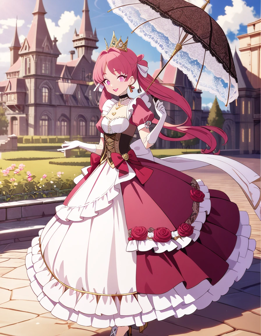 (best quality,4k,8k,highres,masterpiece:1.2),ultra-detailed, steampunk settings, Pretty princess, drawn in anime style, she’s cute and joyful, smiling, long red pigtails hair, pink eyes, small breast, lipstick, makeup, pink eyeshadow, long eyelashes, dainty and delicate body, red princess gown with puffy sleeves, physically-based rendering,gorgeous dress design,flowing gown,elaborate lace details,rich textures,contrast stitching,delicate ribbon bows,floral accents,long maxi skirt,short sleeves,fitted waistline,lace-up back,luxurious fabrics,flawless silhouette, petticoat, bustle, corset, hair ribbons, white elbow gloves, ruby earrings and necklace, gold tiara, high heels, holding a lacy umbrella, walking in castle garden, beautiful sunny and cloudy sky.