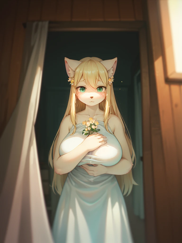 (Sumilux f1.4 75mm , low Latitude old color negative film , cross process , bokeh, flare, chromatic aberration , soft focus, (Shallow focus) , soft glow , Maximum aperture, High Key , Transparent depiction) , blond Mature female wolf , Voluptuous body , hide with hand , (freckles:0.7) , in the Abandoned house , (Spirit photography , sheet ghost:1.3) , (Holding two apart melons) , Tamponade , bare moist flower