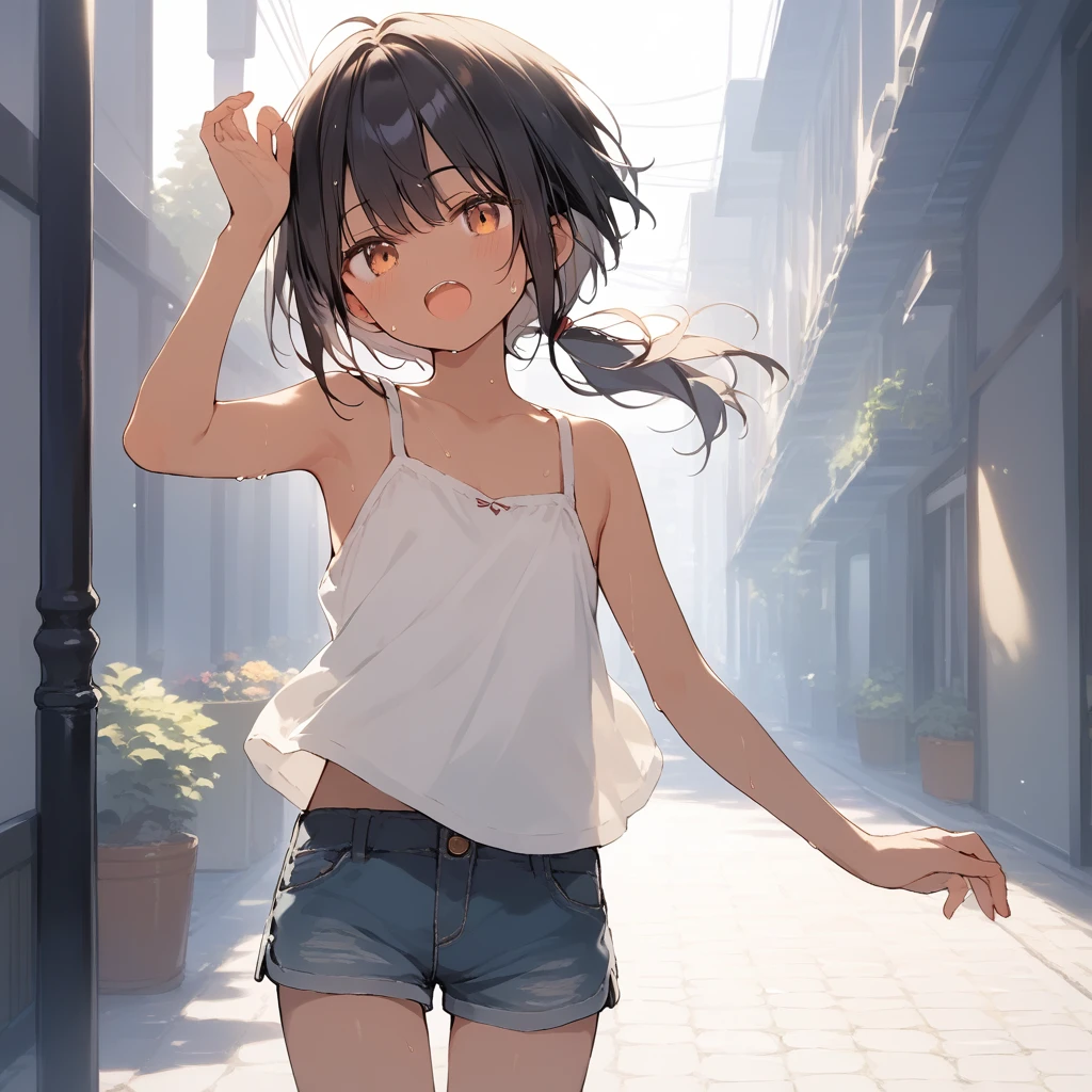 score_9, score_8_up, score_7_up, source_anime, best quality, masterpiece, official art, absurdres, highres, ultra-detailed,waifu2x,Collection: Slice of Life,break,1girl, tomboy, dark-skinned female, short hair, low ponytail, flat chest, beautiful detailed eyes, short shorts, sweat, open mouth, (yawn:0.3), sleepily, outdoors, wind,break,(clear line illustration:1.2), super detailed skin,very high resolution, very aesthetic, Best sexual lighting powered by famous artist, 8k,cute picture,beauty illustration,photoshop_(medium),,(Detailed Lighting),best anime 8k konachan wallpaper, pixiv contest winner,