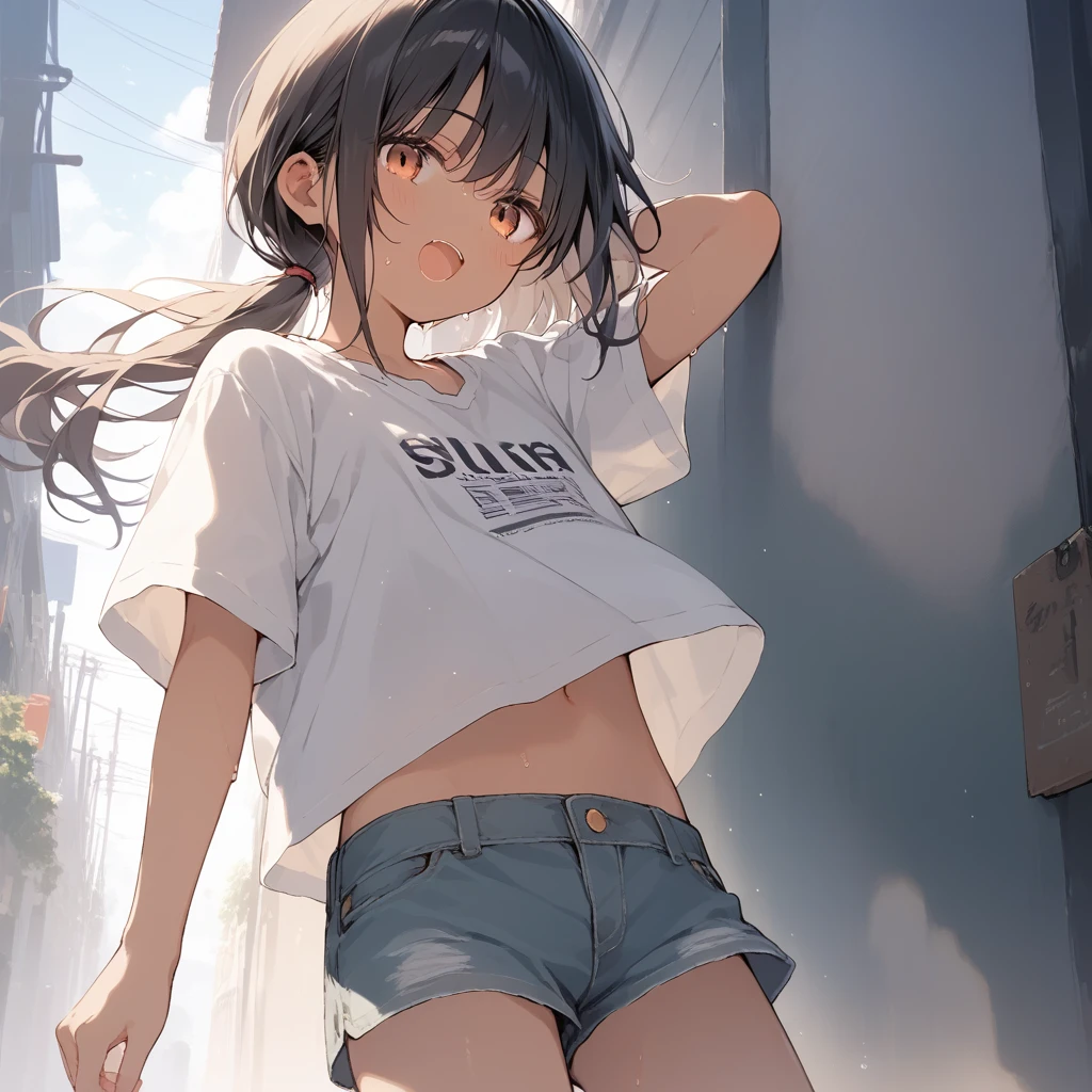 score_9, score_8_up, score_7_up, source_anime, best quality, masterpiece, official art, absurdres, highres, ultra-detailed,waifu2x,Collection: Slice of Life,break,1girl, tomboy, dark-skinned female, short hair, low ponytail, flat chest, beautiful detailed eyes, short shorts, sweat, open mouth, (yawn:0.3), sleepily, outdoors, wind,break,(clear line illustration:1.2), super detailed skin,very high resolution, very aesthetic, Best sexual lighting powered by famous artist, 8k,cute picture,beauty illustration,photoshop_(medium),,(Detailed Lighting),best anime 8k konachan wallpaper, pixiv contest winner,