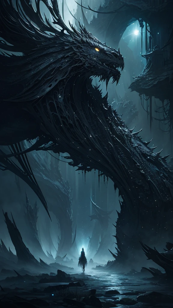 masterpiece,best quality,Hyper detailed,light,Intricate details,high resolution,Official Art,Finely detailed,high resolution插图,8K,lens flare,Light particle,Dark, intense shadows,particle,detailed Background,detailed Glow,detailed Reflection,detailed,Mysterious Landscape Photography, Incredible futuristic images emerge from Miracle Stone, Dark, atmosphere, Dark,Aaron Horkey's painting depicts,A powerful portal to another world,