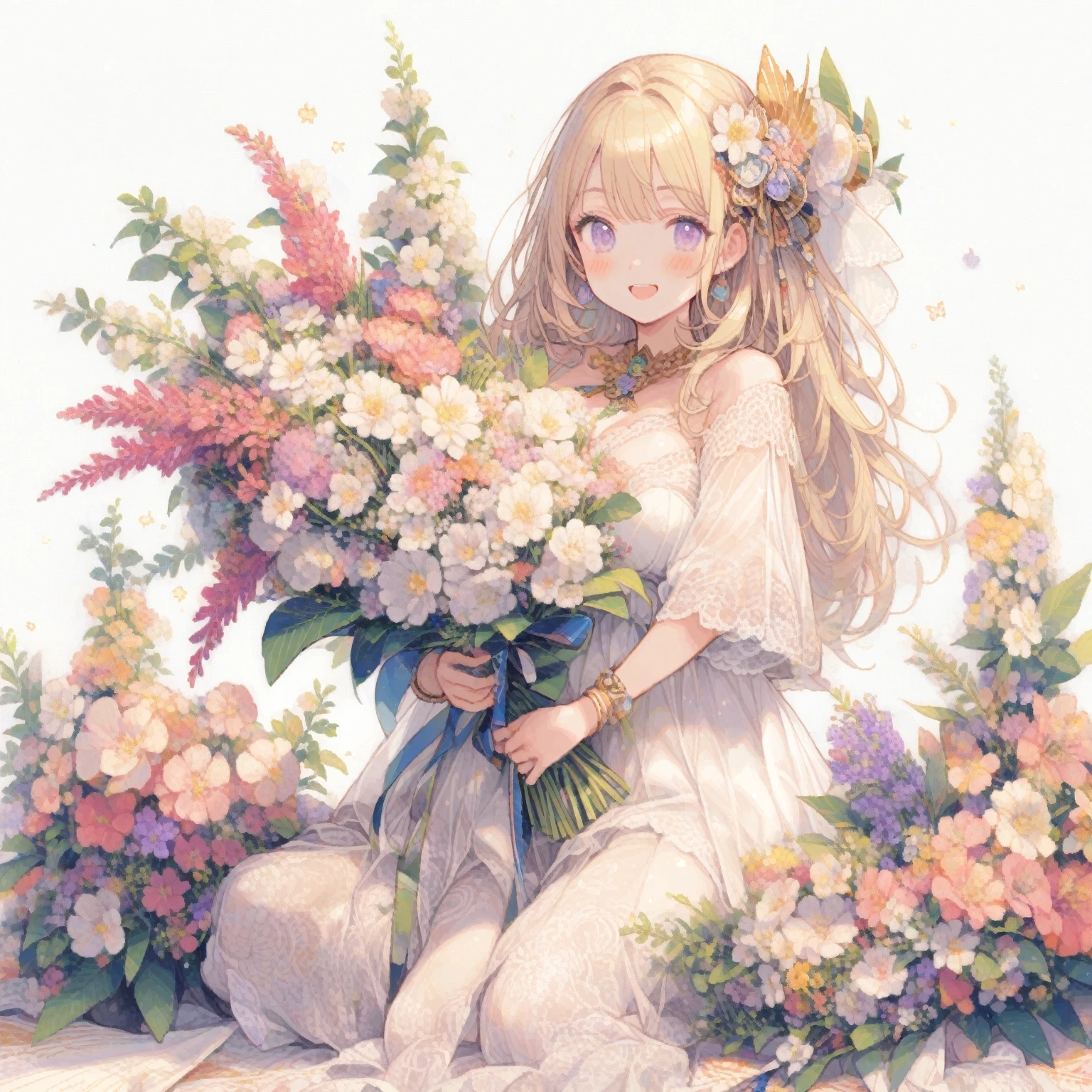 1girl、white(Clethra barbinervis)、「Overflowing Feelings」「Relaxation」、Japanese clethra、Mr.々Holding a bouquet of colorful flowers、happiness、laughter、 tegaki, white(Clethra barbinerviasterpiece, best quality, very aesthetic, absurdres, highly detailed,