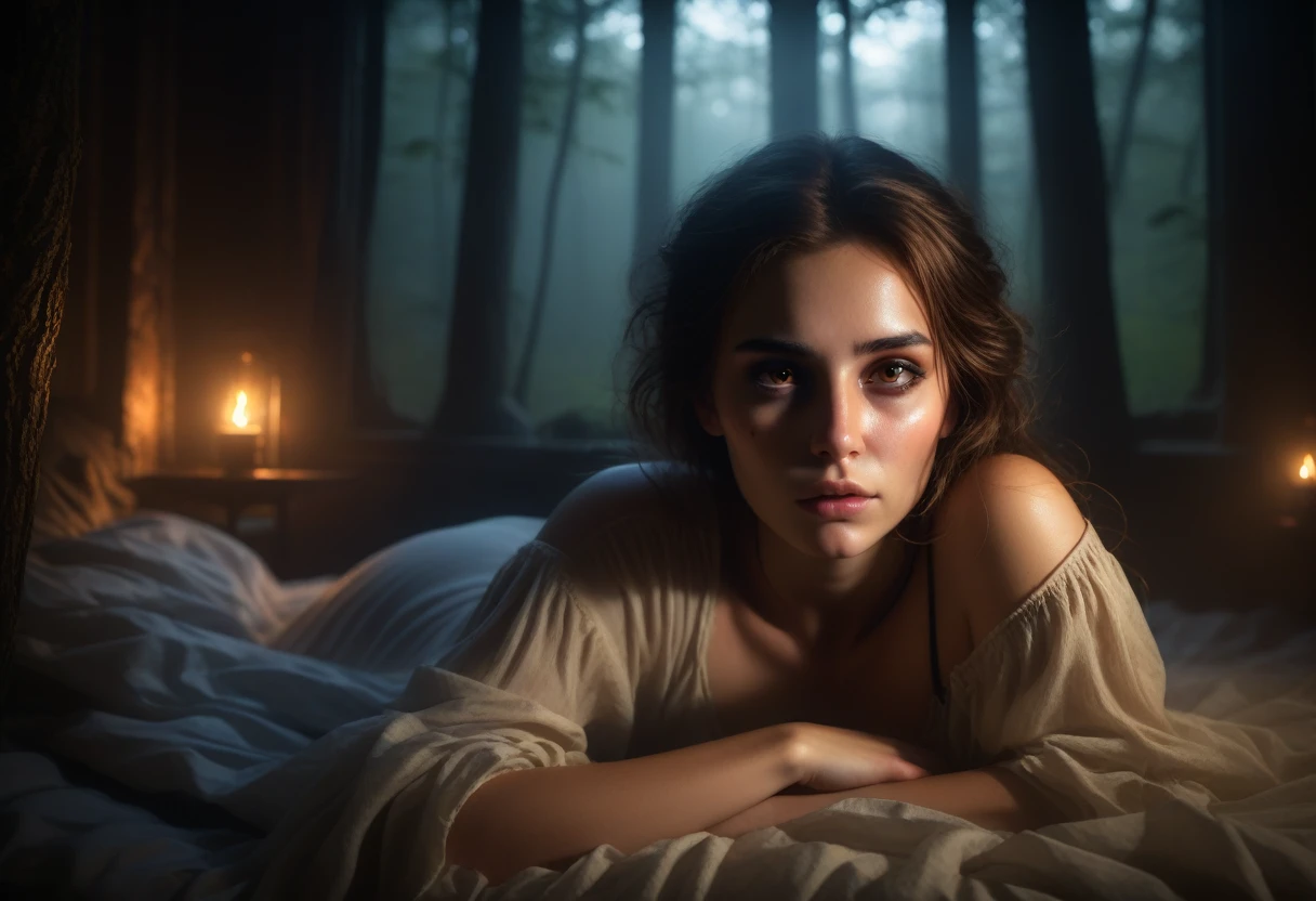 Beautiful young woman with sleepy smoky eyes ,
comfortable, Lying in a room with a dark art view of the forest , Dim Light, Rim Light, Dark Shadows, Dramatic lighting,