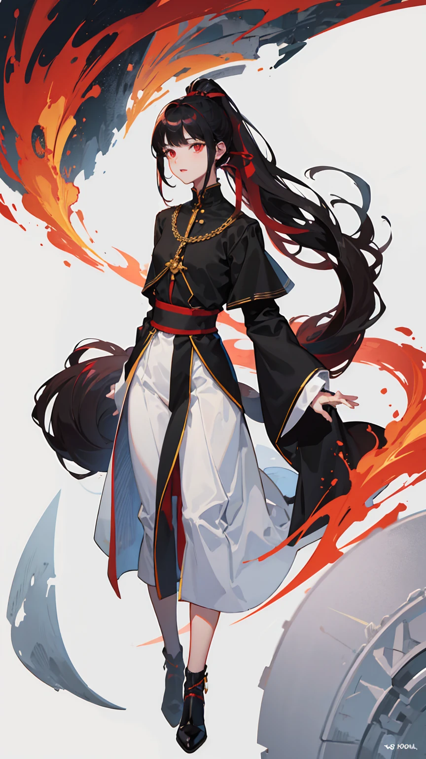 male,20th Generation,Fair skin,Full body illustration,White background,good looking,Red Eyes,Long black hair,ponytail,Cassock