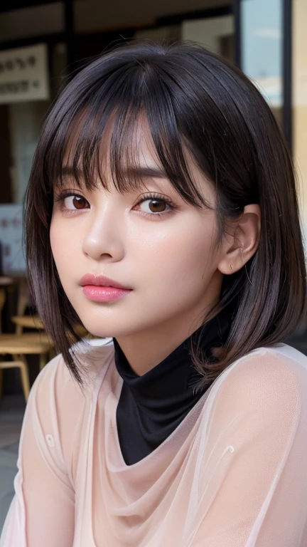 ((Mature woman sitting in front of a cafe)),((No sleeve, Sheer turtleneck shirt、Lots of debris、You can see the valley:1.3)). 40k, photograph, masterpiece, Highest quality, Dark Gray Background, ((beautiful girl)), ((Ample breasts)), perfectionな顔, perfection , ((Big Breasts)), ((茶色の目と美しい明るいBlack Hairの女の子1人)). Beautiful Japanese Women,very, Soft breasts and white skin, ((Very soft breasts)). Highly detailed face, fine grain, Embarrassing, smile, summer, Daytime, Half Body, (Golden ratio face、plump lower lip、Pink Lips:1.4)、fine grain、Detailed nose、Fine ears、Wet and glossy lip detail、cloud, Color Stone Necklace, (Big Breasts:1.4),(CG Unity 8k high resolution wallpaper), Complex, Attention to detail, Sharp focus, dramatic, beautiful girl, (Black Hair、Blunt bangs, The forehead is hidden by the bangs:1.4)