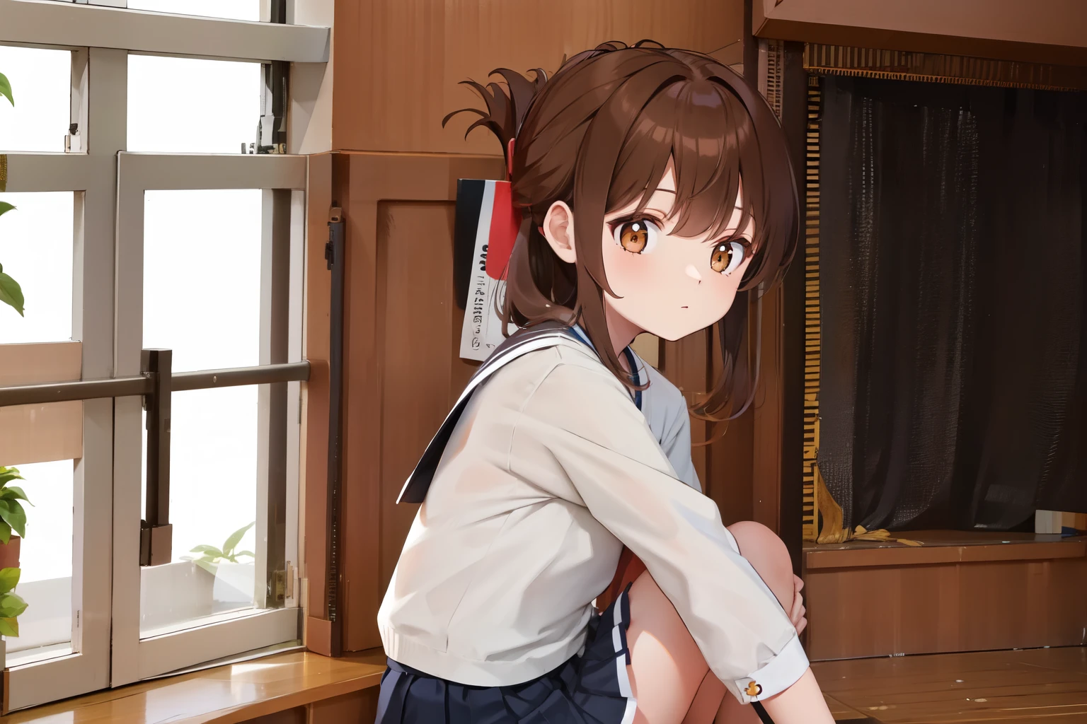 A female student in a sailor uniform sitting on the floor of the gymnasium and watching a physical education class because she feels unwell,(masterpiece, best quality:1.2),illustration,8K,HD,1girl,独奏,upper body,(portrait:1.2),brown_hair,folded_ponytail,brown_eyes,serafuku,long_hair,school_uniform,skirt,pleated_skirt,