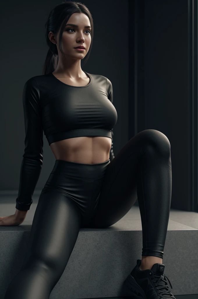 zPDXL2, zPDXLpg, zPDXLrl, A portrait photo of a 26-year-old influencer posing in her amber yoga outfit, as a backdrop looms behind her. This tanned stunner features a (well-defined hourglass silhouette), (mighty breasts), graceful toned flesh, and a (choppy-messy bob).