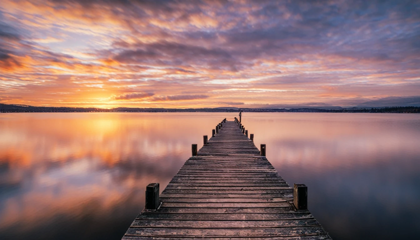 a pier in the middle of a lake at sunset
