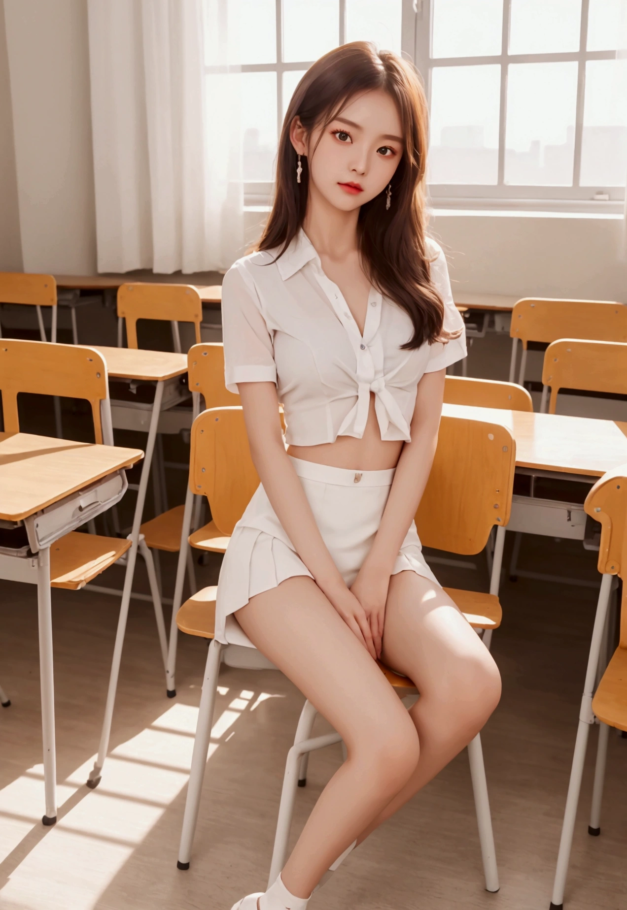 NSFW (new south wales),(In 8K、top quality、masterpiece:1.2)、(realistic、photorealistic:1.incredibly cute girl、18 years、sit on、(((white panties)))、(((open your legs)))、solo、classroom、View viewers、(Sit:1.5)、At school、I think it's going to explode、beautiful beautiful eyes, (dark blonde hair:1.2)、(Short hair:1.2)、, skirt , socks, black hair, blurry background, knee high, white shirt, lifelike, shiny lips , socks, tie, pleated skirt, masterpiece, top quality, very very detailed、(((open your legs)))、attractive eyes