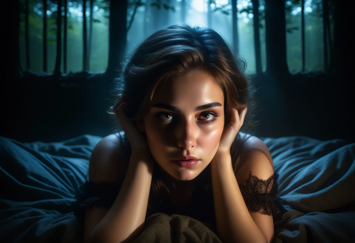 Beautiful young woman with sleepy smoky eyes ,
comfortable, Lying in a room with a dark art view of the forest , Dim Light, Rim Light, Dark Shadows, Dramatic lighting,
