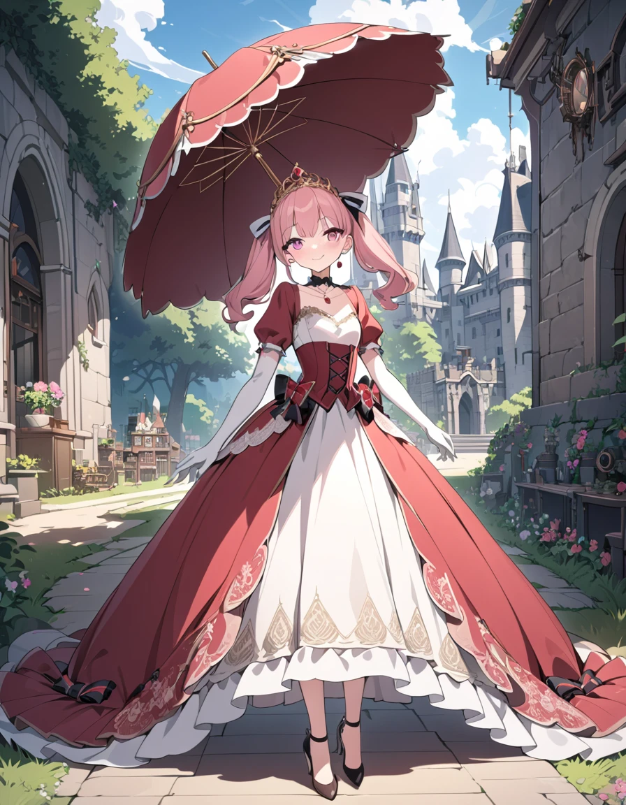 (best quality,4k,8k,highres,masterpiece:1.2),ultra-detailed, steampunk settings, Pretty 15 years old princess, drawn in anime style, she’s cute and joyful, smiling, long red pigtails hair, pink eyes, small breast, lipstick, makeup, pink eyeshadow, long eyelashes, dainty and delicate body, red princess gown with puffy sleeves, physically-based rendering,gorgeous dress design,flowing gown,elaborate lace details,rich textures,contrast stitching,delicate ribbon bows,floral accents,long maxi skirt,short sleeves,fitted waistline,lace-up back,luxurious fabrics,flawless silhouette, petticoat, bustle, corset, hair ribbons, white elbow gloves, ruby earrings and necklace, gold tiara, high heels, holding a lacy umbrella, walking in castle garden, beautiful sunny and cloudy sky.