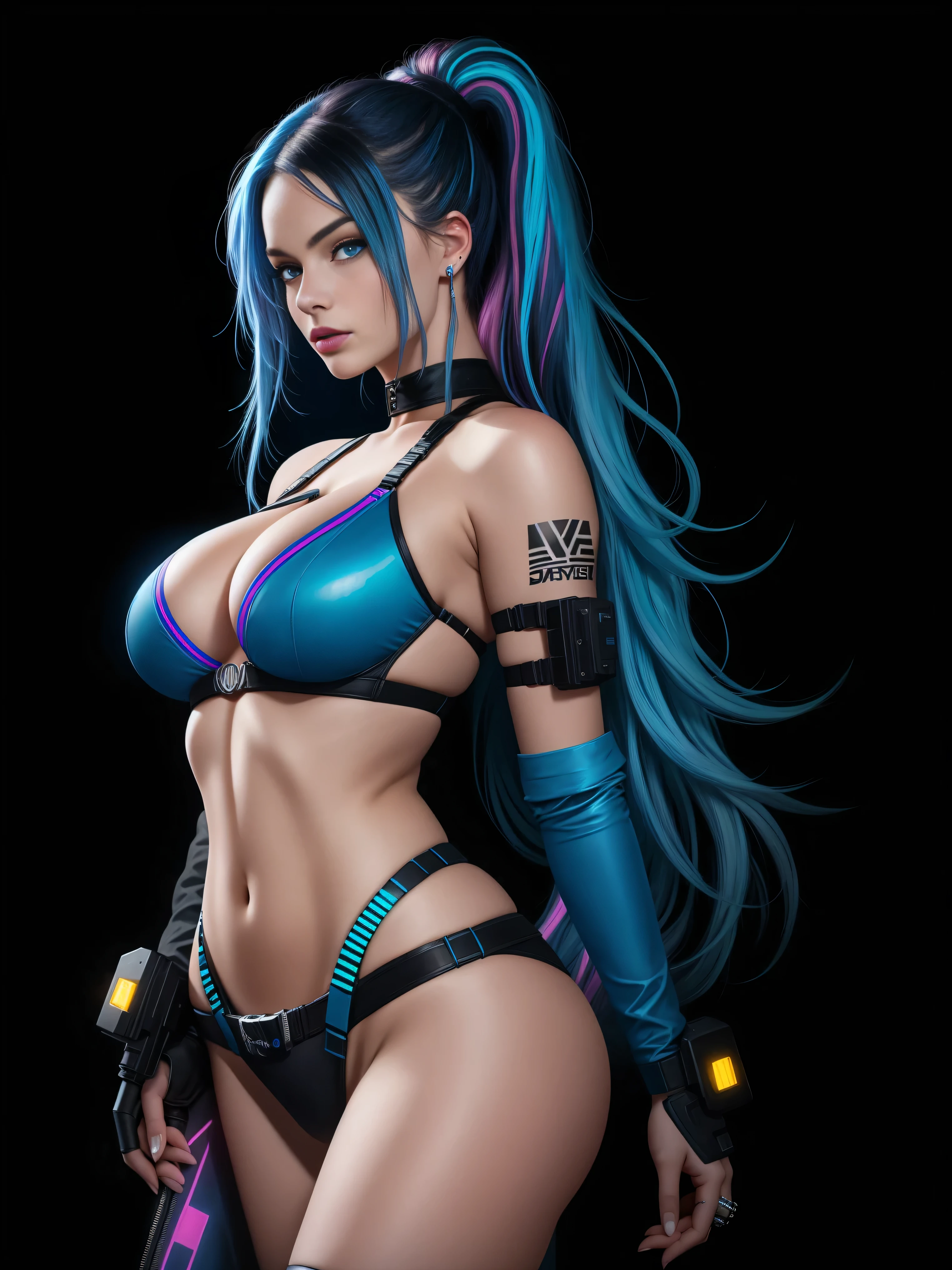 there is Margot Robbie, navy blue and bright purple neon streaked hair, hair in pony tail, 3 d neon art of a womans body, neon-noir background, cyberpunk femme fatale, seductive cyberpunk dark fantasy, cyberpunk strip clubs, cyberpunk 20 y. o model girl, oppai cyberpunk, banner, high definition cgsociety, cgsociety masterpiece, trending on cgstation, kda, random hair, ((blue eyes:1.4)), looking at camera, gigantic breasts, cleavage, (high detailed skin:1.2), 8k uhd, dslr, super lighting, high quality, film grain, high res, highly detailed, hyper realistic, beautiful face, beautiful body, beautiful eyes nose lips, alluring expression, very bold, upper visible, full body photo, standing legs apart, pale translucent glowing skin, most beautiful face, cute, (well defined pubic hair:1.2)), (dark plain black background:1.4))