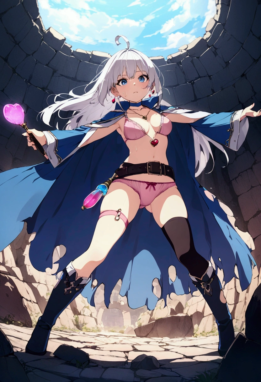 masterpiece, Highest quality, Highest quality, High resolution, concentrated、You can see the top and bottom of your underwear(Pink underwear)、Open chest、The crotch is open、Facing each other、A warrior girl fighting many goblins(Magic wand)(Fire Magic)(Desperate look)(Horizontal)(White Hair)(Blue clothes)(Cape)(choker)(belt)(Heart Necklace)(Thigh knee-high socks)(Tear bags)(Earrings)(boots)(Clothes get a little torn)、Fighting Goblins、Full body angle、Side view、Drops of sweat fly、Inside the Earth Ruins、Speed、