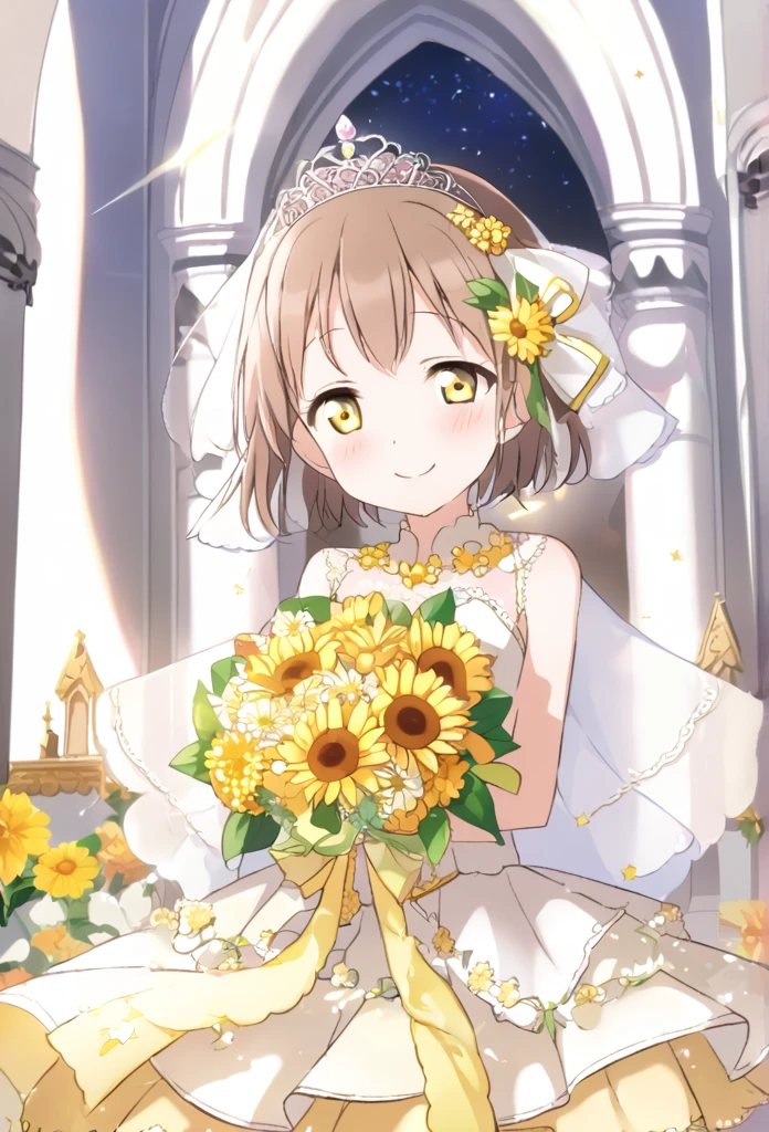 Starry Sky Reddish brown hair Yellow Eyes Very Short Hair Yellow flower hair ornament tiara yellow wedding dress Yellow flower decoration dress church smile Small breasts Shining Tears of joy Yellow flower bouquet