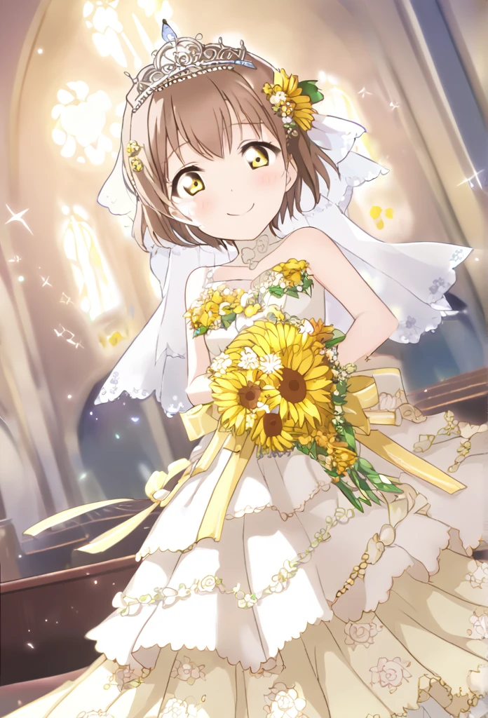 Starry Sky Reddish brown hair Yellow Eyes Very Short Hair Yellow flower hair ornament tiara yellow wedding dress Yellow flower decoration dress church smile Small breasts Shining Tears of joy Yellow flower bouquet