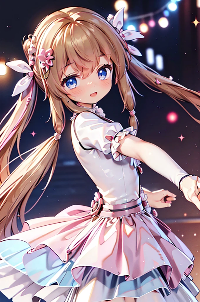 Solo girl, comical, kawaii, Blue eyes, light brown hair, back high twintails, front braids, princess dress, open mouth smile, ((from below)), dance at the stage, neon and led lights, posing, flying kiss, high resolution image, masterpiece, high quality, attractive eyes, (((dutch angle, close shot)))
