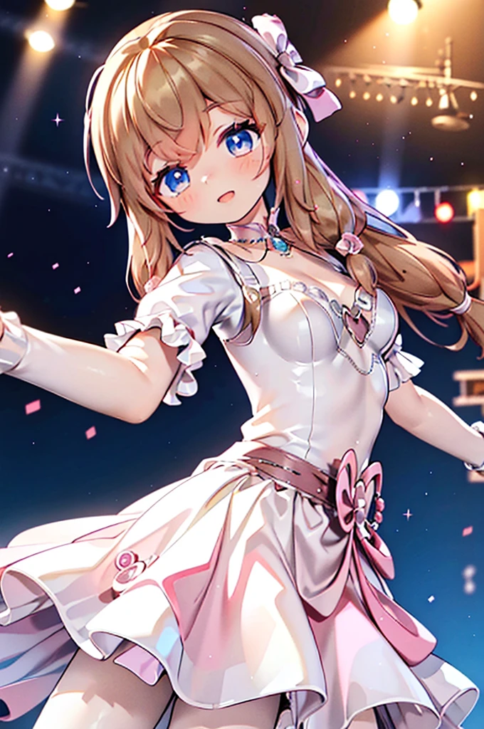 Solo girl, comical, kawaii, Blue eyes, light brown hair, back high twintails, front braids, princess dress, open mouth smile, ((from below)), dance at the stage, neon and led lights, posing, flying kiss, high resolution image, masterpiece, high quality, attractive eyes, (((dutch angle, close shot)))
