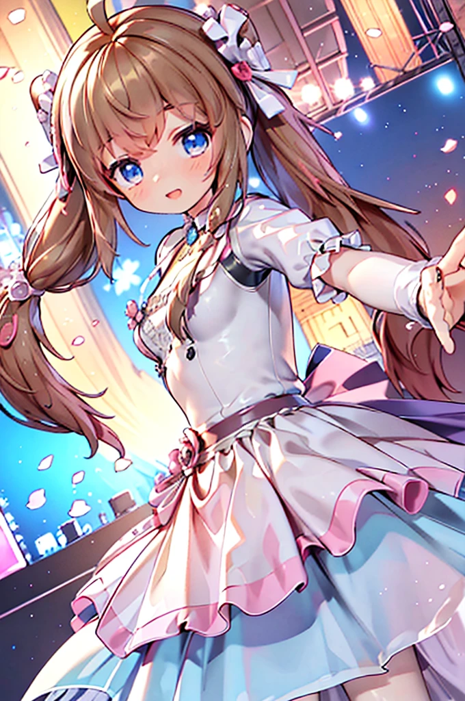 Solo girl, brown twin tails, braid hairs, blue eyes, princess dress, posing, anime girl, focus on hair