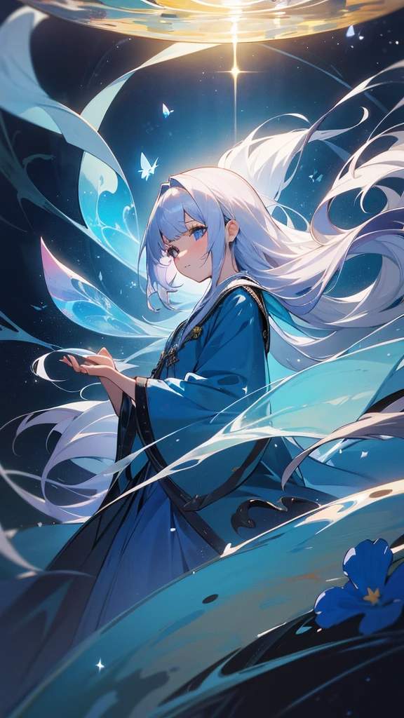 Highest quality,masterpiece,Detailed Details,Super detailed,colorful,The background is the deep blue sea,Transparency,Use HDR technology to create a sense of depth,beautiful,beautiful自然,5 year old girl,Alone,Wearing a wizard's robe,Stand in the center of the screen,The whole body faces this way,Look diagonally forward to the left,Put your right hand forward in a three-dimensional way,A star-like light from the right,Light magic from the right hand,Narrow and gentle eyes,mysterious,Silver hair decorated with blue flowers,Fantasy atmosphere,beautiful虹色の蝶々is flying in the air