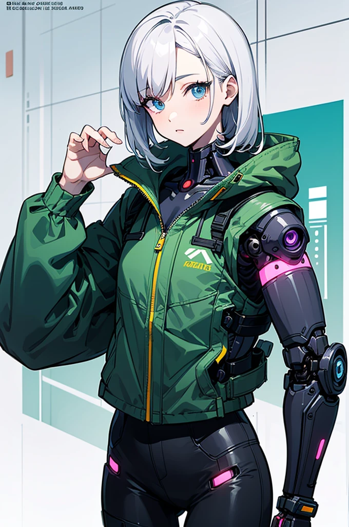 (sketch drawing),illustration, 2.5D, flat colors: 1.3, Line-Art, black and white, (detailed lights, detailed shadows),Man in green jacket and black pants in front of a gray wall, Wearing Japanese Techwear, Techwear Look and Clothing, Techwear , Future perfect android girl, cyborg - girl, blue cyborg, cyborg - girl with silver hair, cybernetic machine female face, modern cyberpunk anime, cyborg girl, cyberpunk ads, perfect anime cyborg woman, porcelain cyborg, perfect cyborg female, beautiful female android!, by Tadashi Nakayama ((modern clothes)) Looking at the Viewer, looking at the camera