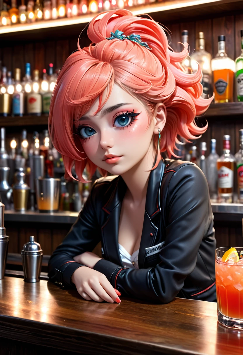 bar, bartender, drinks at the counter, sleeping at the counter of the bar, 8k, hyper detailed, perfect eyes, coral punk