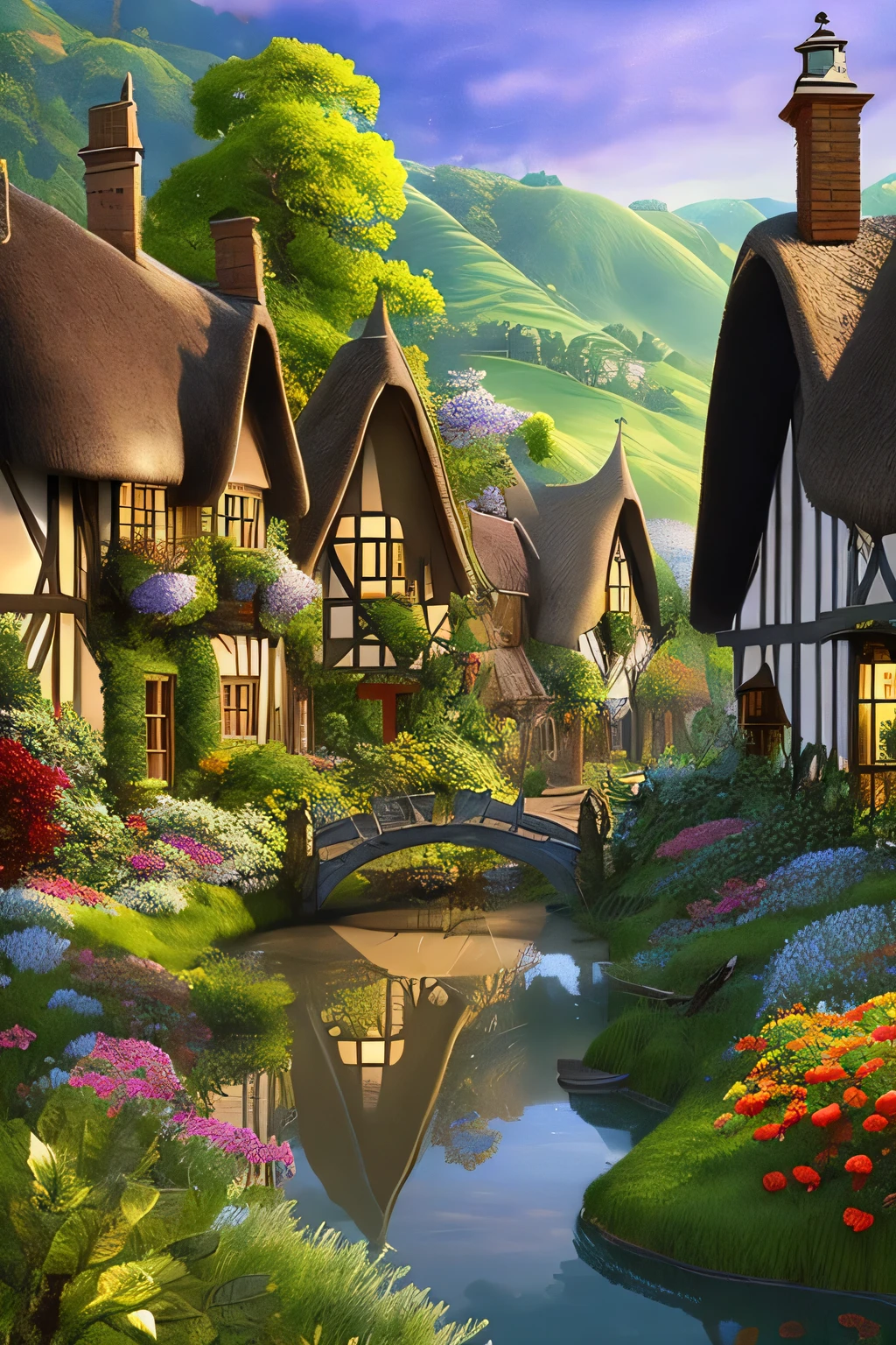 In an exquisite 8K resolution, this image brings to life the enchanting village of Ardenwood, nestled within a verdant, vibrant valley. Ancient oaks, boasting rich, textured bark and sprawling canopies of emerald leaves, stand tall like guardians over the landscape. Winding brooks meander through the village, their waters sparkling with clarity, adding a touch of life to the serene tableau. Charming thatched-roof houses adorned with colorful flower boxes dot the terrain, each displaying a unique charm that speaks of a bygone era. The cobblestone streets weave intricately, inviting exploration, while vill