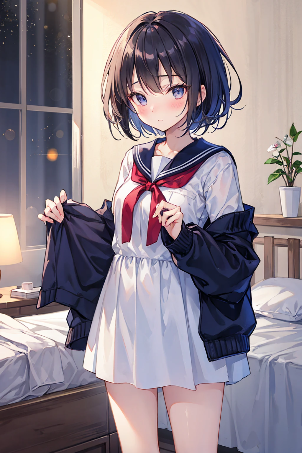 Highest quality、Slender beauty、1 person、Small eyes、Very Short Hair、Embarrassed expression、blush，The upper body is a sailor suit、Knee-length、bedroom，Small breasts，((Highest quality)), (Very detailed), (High-definition CG synthesis 8K wallpaper), 高いly detailed, 高い-definition raw color photos, Professional photography, (((Bokeh))), Written boundary depth,Underwear visible