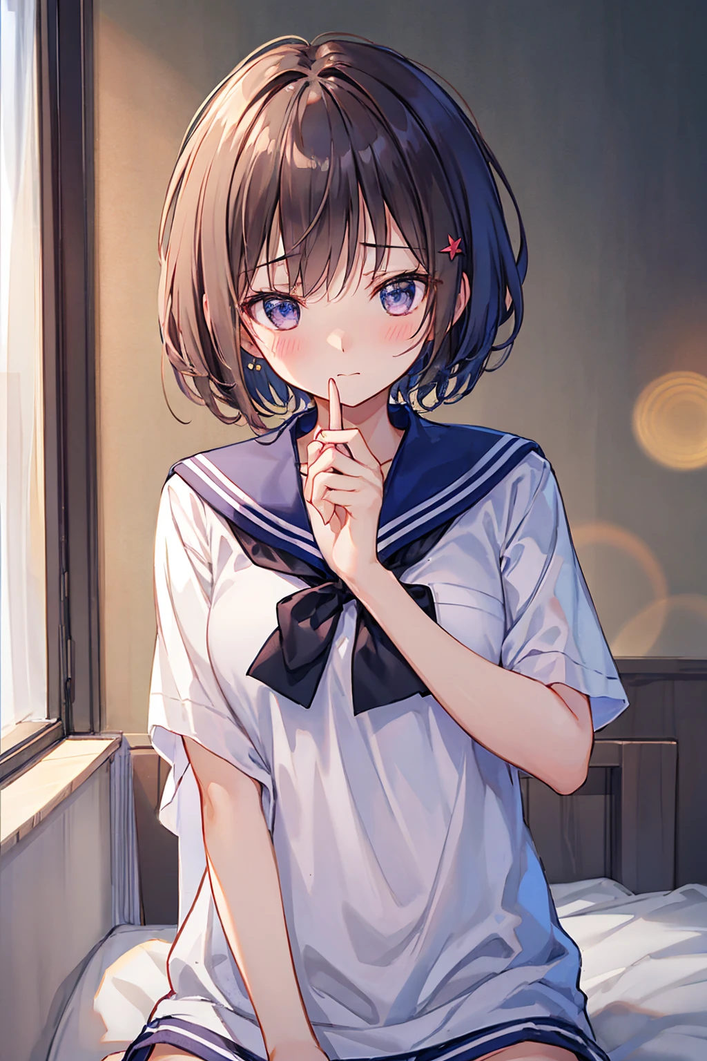 Highest quality、Slender beauty、1 person、Small eyes、Very Short Hair、Embarrassed expression、blush,The upper body is a sailor suit、Knee-length、bedroom,Small breasts,((Highest quality)), (Very detailed), (High-definition CG synthesis 8K wallpaper), 高いly detailed, 高い-definition raw color photos, Professional photography, (((Bokeh))), Written boundary depth,Underwear visible