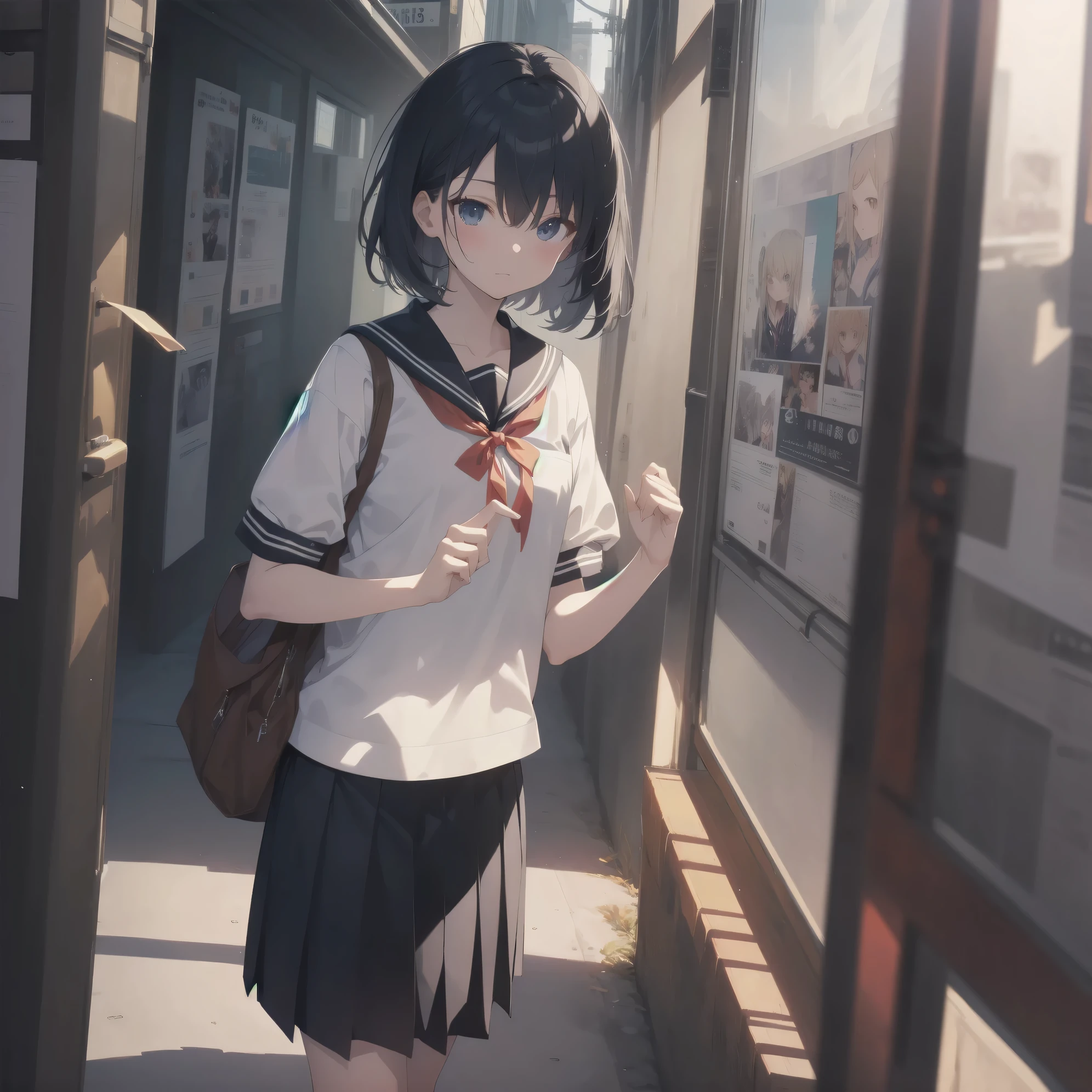 ultra-absurdres-Top quality by artist God, ultra-detailed, high resolution, anime moe artstyle, best anime 8k konachan wallpaper, pixiv contest winner, pool:2810, perfect anatomy,break, 1girl, (Please draw a girl walking sleepily to school alone. )break,(Solo,little female, 13-year-old:1.3),Full limbs, complete fingers,a junior high school student, (very short hair), short cut, flat chest, , small butt, small black eyes, beautiful detailed eyes, well-proportioned iris and pupils, expressive eyes, highres detailed hair, soft expression, salor school_uniform, sailor collar, serahuku, bow, pleated skirt,(Detailed Lighting), (Detailed background), in the School commute route. break,super detailed skin, Best cinematic lighting powered by famous artist, 8k,beauty illustration,photoshop_(medium),very aesthetic,break,((artist:tomose_shunsaku )), artist:clamp ,artist:carnelian ,artist:kantoku ,