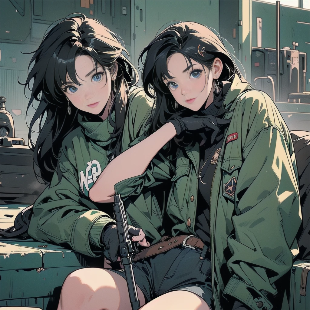 Realistic, As Yuuki, Super detailed,First Job, Better Quality, High resolution, One girl, Chinon 1, scarf, Fingerless gloves, Long sleeve, Short black shorts, hair ornaments, Hair Clip, Green thighs, Green jacket, Thigh straps, number de cowboy, Holding a gun, sniper rifle, Remains, Sitting, (Sword Art Online), range, Using a sniper, holding the sniper rifle, olhando no range, looking into the sniper rifle scope, number, High resolution, Urban, roof, Collapsed building, war, Catastrophe, disaster, Graves, cold, Bright Eyes, Superpoder, concentrated, concentrated, Cabello Kurt Azul, blue eyes, Ultra-realistic hands, With black gloves, Proportional Body