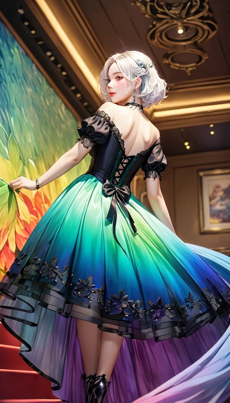 (A girl),Gothic,Double tail,White hair, Organza lace,Gorgeous and exquisite costumes,Gothic, flight, green, (rich and colorful), bold, Gradient Blending, Motion Blur, Sparkling texture, Flowing composition, Atmospheric perspective, Impressionism, , (masterpiece), (best quality), wonderful, (Beautiful details), (detailed), Written border depth, 极其detailed的 CG, The original, 非常detailed的壁纸, (Vibrant colors), Cinema Lighting,  (rich and colorful), blush, Full body photography, From below:1.3