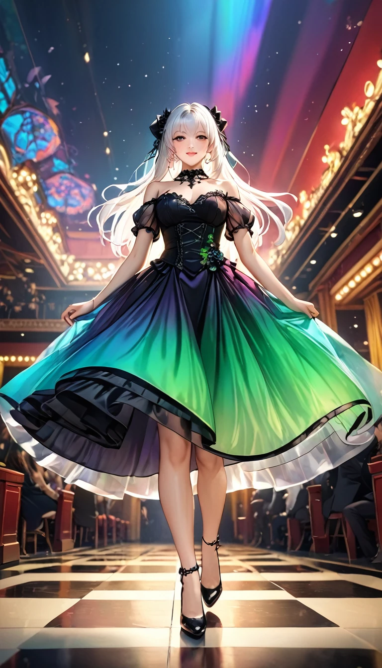 (A girl),Gothic,Double tail,White hair, Organza lace,Gorgeous and exquisite costumes,Gothic, flight, green, (rich and colorful), bold, Gradient Blending, Motion Blur, Sparkling texture, Flowing composition, Atmospheric perspective, Impressionism, , (masterpiece), (best quality), wonderful, (Beautiful details), (detailed), Written border depth, 极其detailed的 CG, The original, 非常detailed的壁纸, (Vibrant colors), Cinema Lighting,  (rich and colorful), blush, Full body photography, From below:1.3
