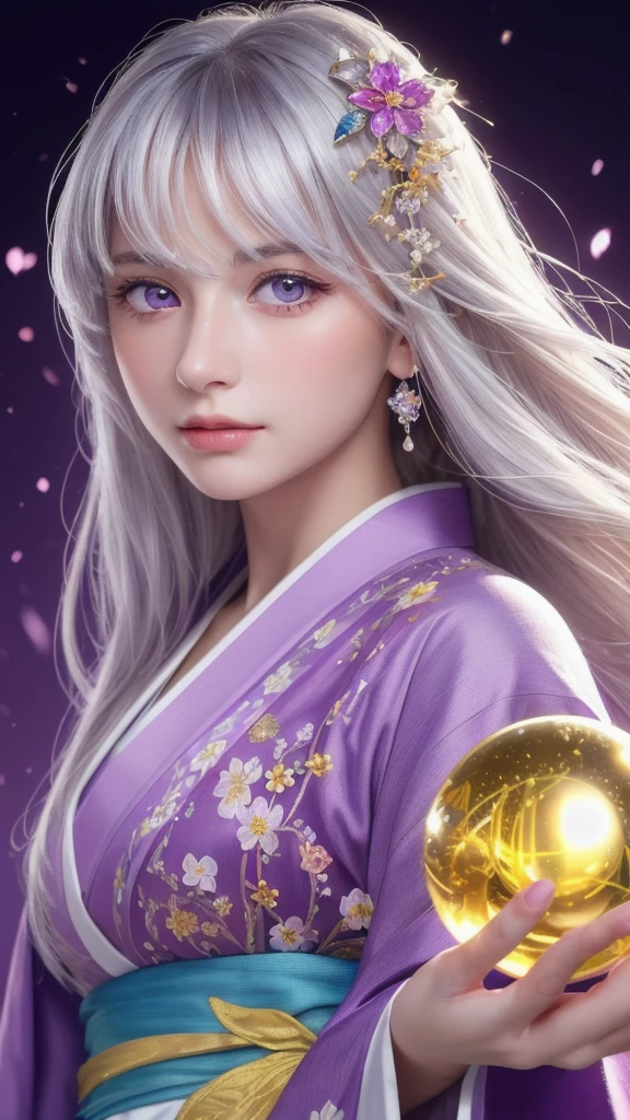 (masterpiece:1.3), (8k, photorealistic, raw photo, highest quality:1.4), (one girl), beautiful face, (realistic face), (long hair), (silver hair, near white hair, shiny hair, beautiful straight hair), (even bangs), (sharp bangs), straight hairstyle, realistic eyes, beautiful detailed eyes (purple eyes), (sharp eyes), (realistic skin), beautiful skin, (kimono), (magician's kimono), (flower hair ornament), attractive, ultra high resolution, ultra realistic, highly detailed, golden ratio, colorful background, (flowers blooming), (energy dancing background), magician, facing forward, facing from shoulders, looking straight ahead, both shoulders facing towards you, holding crystal ball, (heart crystal ball, love crystal ball).