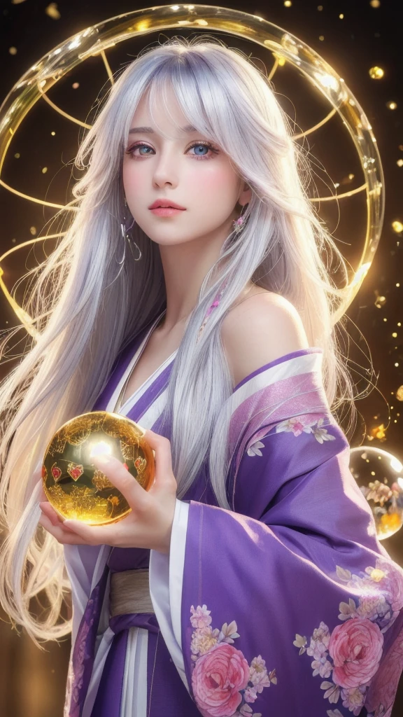 (masterpiece:1.3), (8k, photorealistic, raw photo, highest quality:1.4), (one girl), beautiful face, (realistic face), (long hair), (silver hair, near white hair, shiny hair, beautiful straight hair), (even bangs), (sharp bangs), straight hairstyle, realistic eyes, beautiful detailed eyes (purple eyes), (sharp eyes), (realistic skin), beautiful skin, (kimono), (magician's kimono), (flower hair ornament), attractive, ultra high resolution, ultra realistic, highly detailed, golden ratio, colorful background, (flowers blooming), (energy dancing background), magician, facing forward, facing from shoulders, looking straight ahead, both shoulders facing towards you, holding crystal ball, (heart crystal ball, love crystal ball).