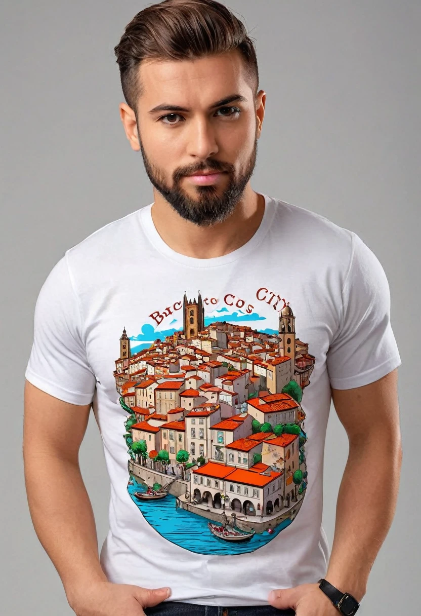 A t-shirt with vector art of a colorful illustration of the city Barcelos , At the center, high détail, t-shirt designs
(artwork, best quality, proffesional, perfect composition, very aesthetic, absurdrez, super verbose, Intricate details:1.3)