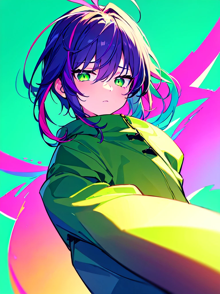 [(SUMMER BACKGROUND:1.5),::5], ((((masterpiece)))), high quality, ultra very high resolution, full color, (((solo))), ((little boy)), Purple hair, ((Green streaked hair)), (Green eyes), anime, ((upper body)), neon light, black parka, 