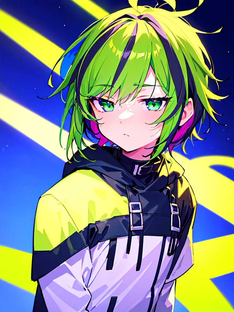 [(SUMMER BACKGROUND:1.5),::5], ((((masterpiece)))), high quality, ultra very high resolution, full color, (((solo))), ((**********)), Purple hair, ((Green streaked hair)), (Green eyes), anime, ((upper body)), neon light, black parka, 