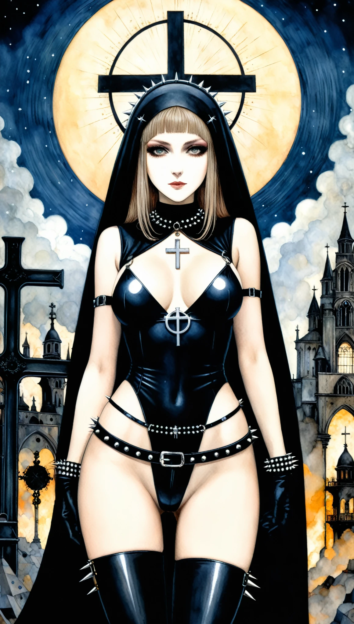 (in style of John Bauer:1.1),in style of Santiago Caruso,in style of Blek le Rat,
1girl,n.u.n.s.,(huge spiked mechanic halo in the background:1.4),nun veil,gothic style,(hands holding a huge steel cross :1.4),colorful illustration,thong leotard,(x-belt:1.4),
