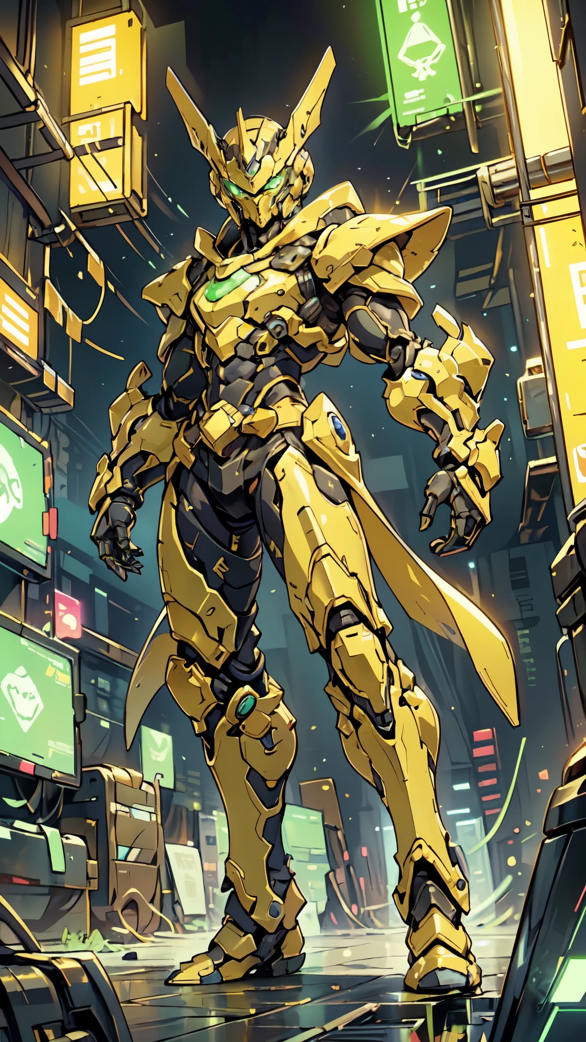 (masterpiece:1.5, best quality:1.5, extremely delicate:1.5, foreshortening:1.5, dynamic angle:1.5), a man wearing a full-face helmet, a fantasy-style biotech armored combat suit, green eyes, (a composite layered chest armor), fully enclosed shoulder guards, matching arm and leg guards, the belt is adorned with neon circuitry, (the color scheme is primarily black with green white accents), the design balances heavy with agility, a high-tech bio-mecha armor, (Armor Concept Inspired by neon Cyberpunk, stand on the top of a skyscraper in a futuristic sci-fi city), this character embodies a finely crafted fantasy-surreal style armored hero in anime style, exquisite and mature manga art style, (element, plasma, energy, the armor glows), ((male:1.5)), metallic, high definition, highres, ultra-detailed, ultra-fine painting, professional, perfect body proportions, golden ratio, anatomically correct, symmetrical face, extremely detailed eyes and face, high quality eyes, creativity, RAW photo, UHD, 32k, Natural light, cinematic lighting, masterpiece-anatomy-perfect
