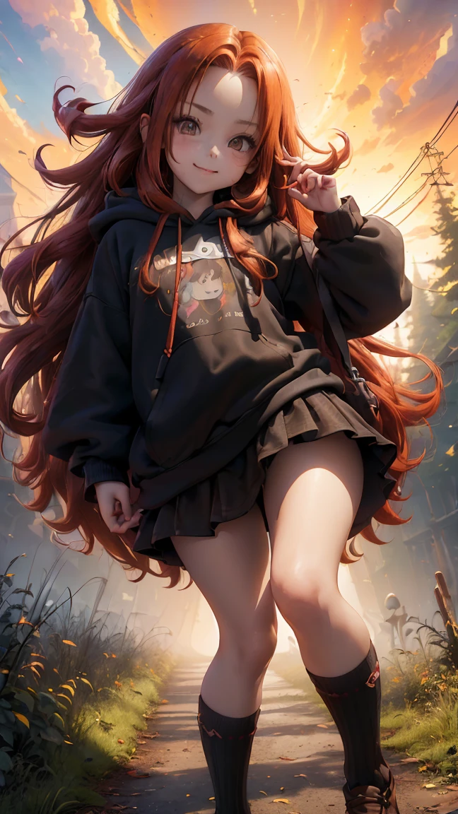Young girl, (), (little body, small height), (petite girl: 1.35), (adorable face), (big forehead: 1.2), she has a long flowing hair, (red hair: 1.5), (long hair: 1.35), asian features, (brown eyes: 1.5), bright eyes, brown light eyes, (white skin: 1.35), beautiful detailed eyes, cute young girl, (flat chest: 1.35), (((wearing black skirt, a baggy black hoddie and Over-the-knee socks))), high quality clothes, high resolution, (detailed clothes), (loose hoddie: 1.35), (autumn forest, sunset, warm light background))), cute, daring girl, (detailed background), (full detailed 8k), (perfectly detailed face), (enhance anatomy), vfx, highres, sharp, focus, (photorealistic artwork: 1.35), (extremely detailed CG unity 8k wallpaper), (((vibrant colors, vibrant theme))), (dynamic pose: 1.5), cool vibes, fashion girl, happy, flirting expression, coquette, (playful attitude), smiling, happy, adorable small girl, joyful girl