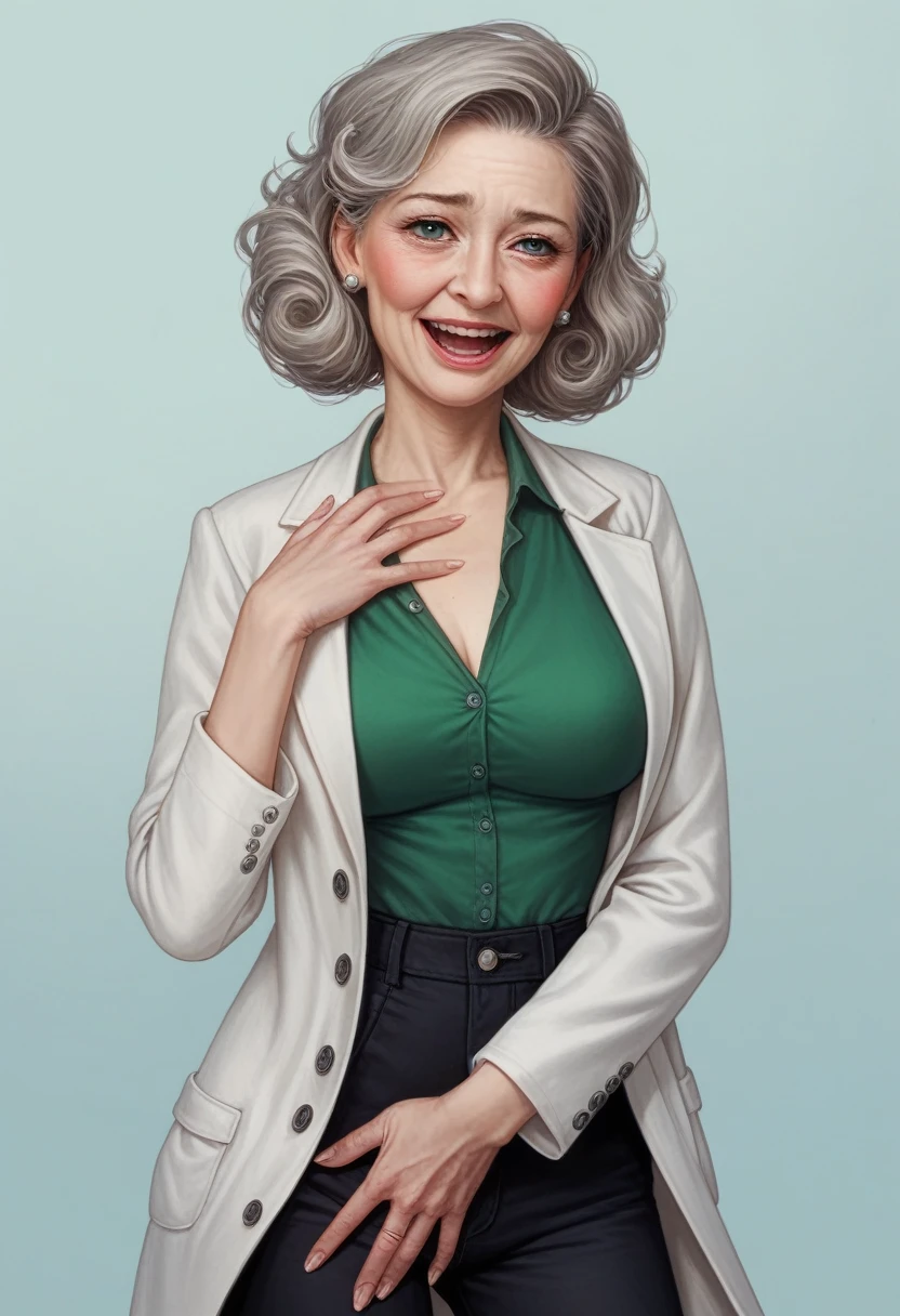 hyperrealistic art cinematic film still lower angle photography in the style of detailed hyperrealism photoshoot . (widehips) Extremely high-resolution details, photographic, realism pushed to extreme, fine texture, incredibly, elderly frail woman, medium length gray hair, (lab coat with green blouse and black pants),leaning back on hands chest thrust out in office alone, blushing smile, clutching chest ((headback_moaning_openmouth))