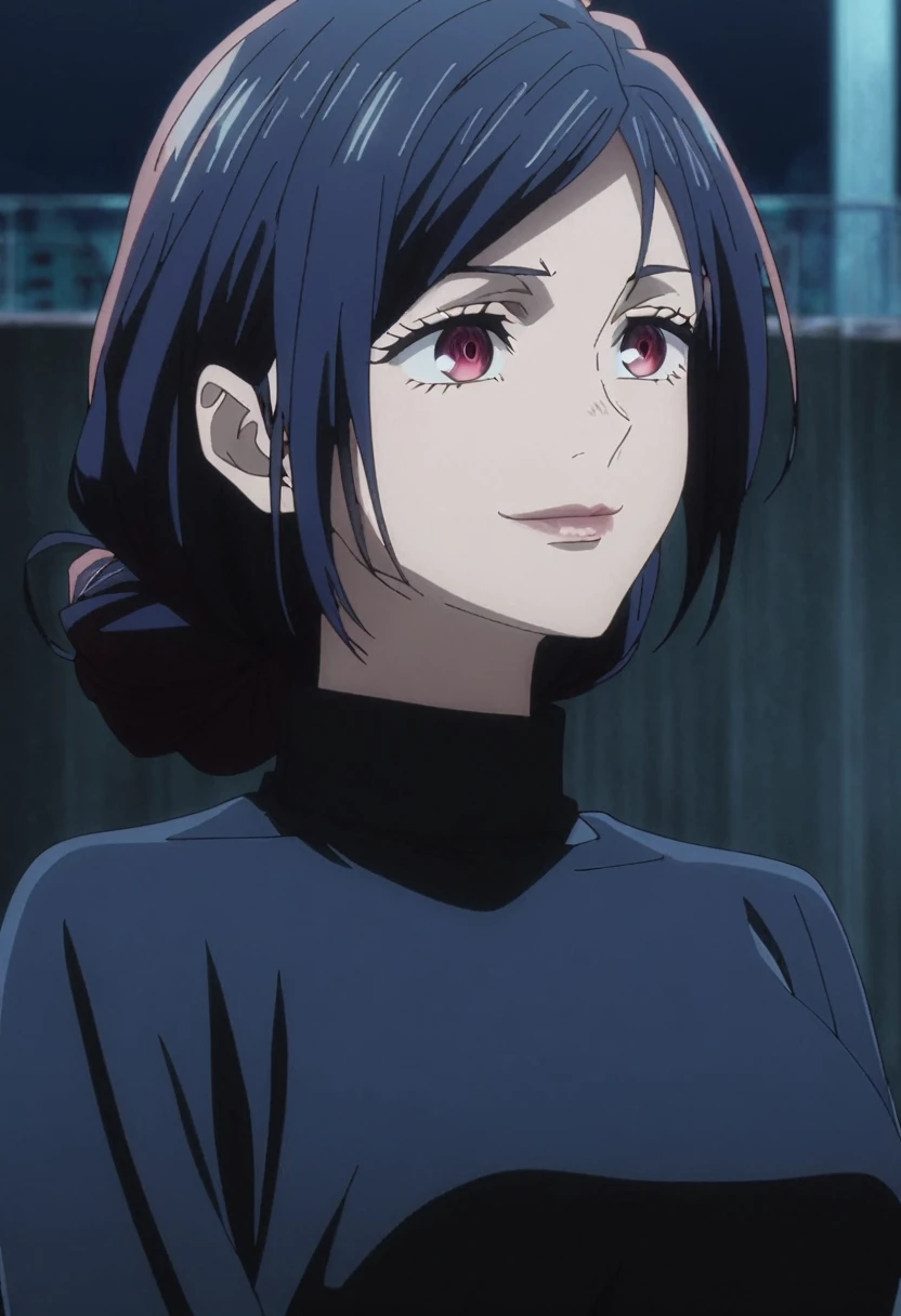 1girl, female gojo satoru, anime screencap from jujutsu kaisen, gojo satoru female version, solo, very long_hair, ((smooth texture hair)) ((red eyes)), ((elegant hairstyle, Dark blue_hair)) night view, breasts, upper_body, smile, bangs, lips ((elegant hairstyle )) wearing black color sweater, breast, "very detailed and high resolution" (red eyes)  ((smooth texture hair)) ((solo)) ((high resolution)) ((upper body)) (Good quality) ,  ((dark blue hair colour))