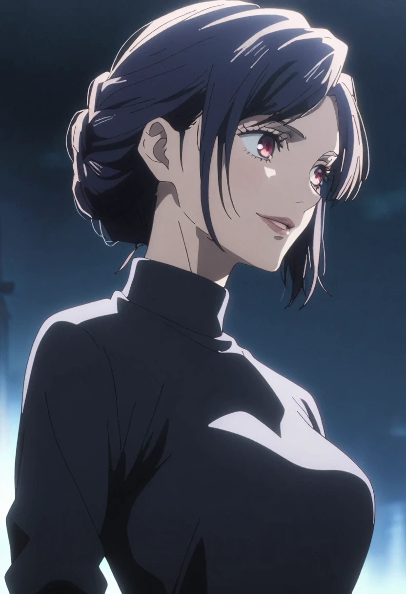 1girl, female gojo satoru, anime screencap from jujutsu kaisen, gojo satoru female version, solo, very long_hair, ((smooth texture hair)) ((red eyes)), ((elegant hairstyle, Dark blue_hair)) night view, breasts, upper_body, smile, bangs, lips ((elegant hairstyle )) wearing black color sweater, breast, "very detailed and high resolution" (red eyes)  ((smooth texture hair)) ((solo)) ((high resolution)) ((upper body)) (Good quality) ,  ((dark blue hair colour))