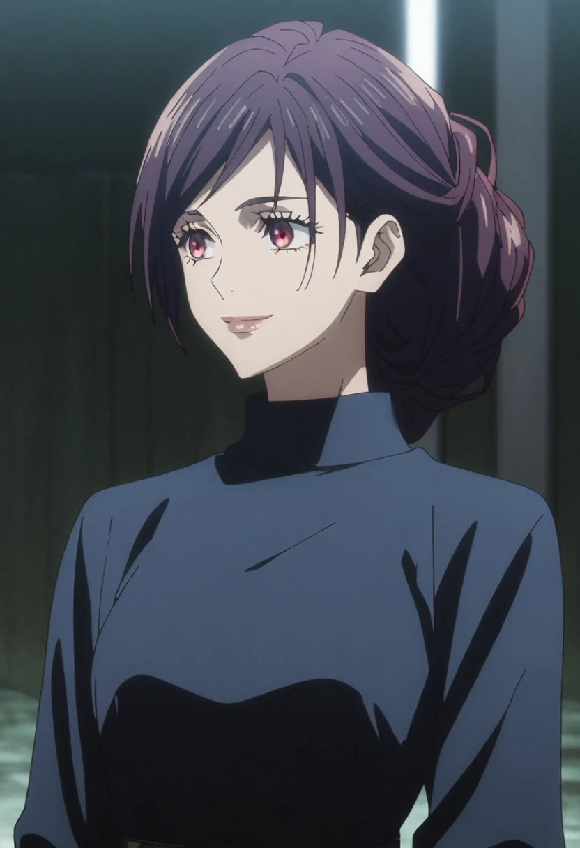 1girl, female gojo satoru, anime screencap from jujutsu kaisen, gojo satoru female version, solo, very long_hair, ((smooth texture hair)) ((red eyes)), ((elegant hairstyle, Dark blue_hair)) night view, breasts, upper_body, smile, bangs, lips ((elegant hairstyle )) wearing black color sweater, breast, "very detailed and high resolution" (red eyes) ((smooth texture hair)) ((solo)) ((high resolution)) ((upper body)) (Good quality) , ((dark blue hair colour))