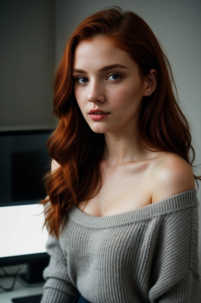 1girl, redhead woman, standing in the office, whole body view, off-shoulder grey sweater, beautiful detailed eyes, beautiful detailed lips, extremely detailed face and portrait, photorealistic, hyper realistic, cinematic lighting, dramatic lighting, moody atmosphere, warm color palette, high quality, masterpiece, best quality