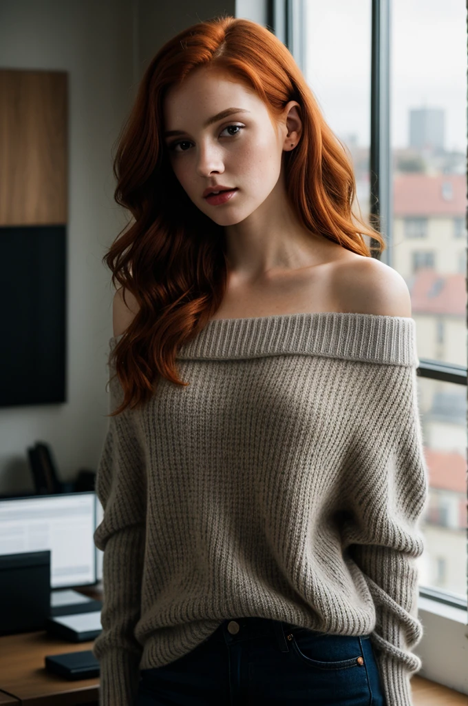 1girl, redhead woman, standing in the office, whole body view, off-shoulder grey sweater, beautiful detailed eyes, beautiful detailed lips, extremely detailed face and portrait, photorealistic, hyper realistic, cinematic lighting, dramatic lighting, moody atmosphere, warm color palette, high quality, masterpiece, best quality