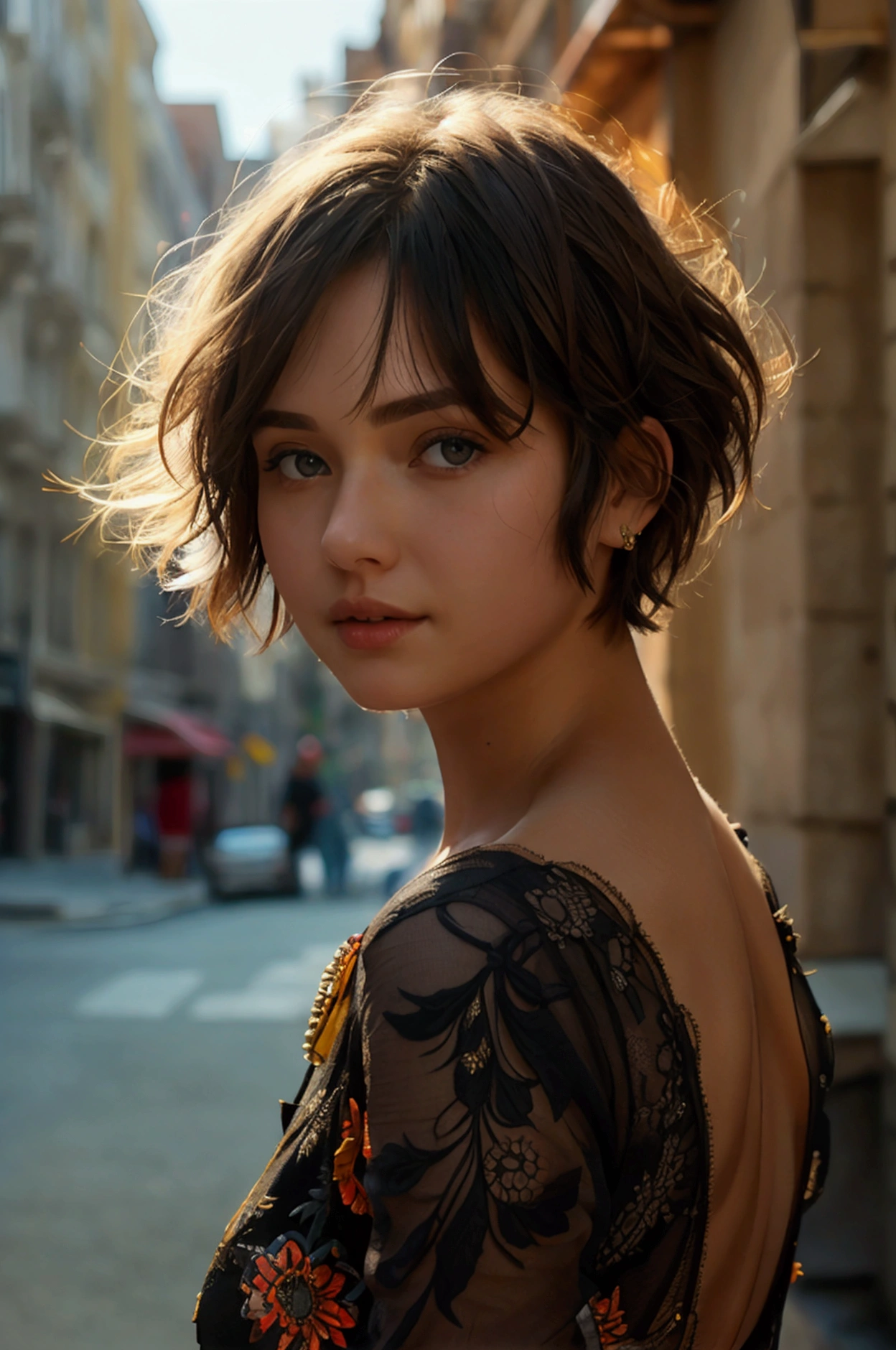 8k, raw picture, photograph, beautiful short hair female ,dress , street