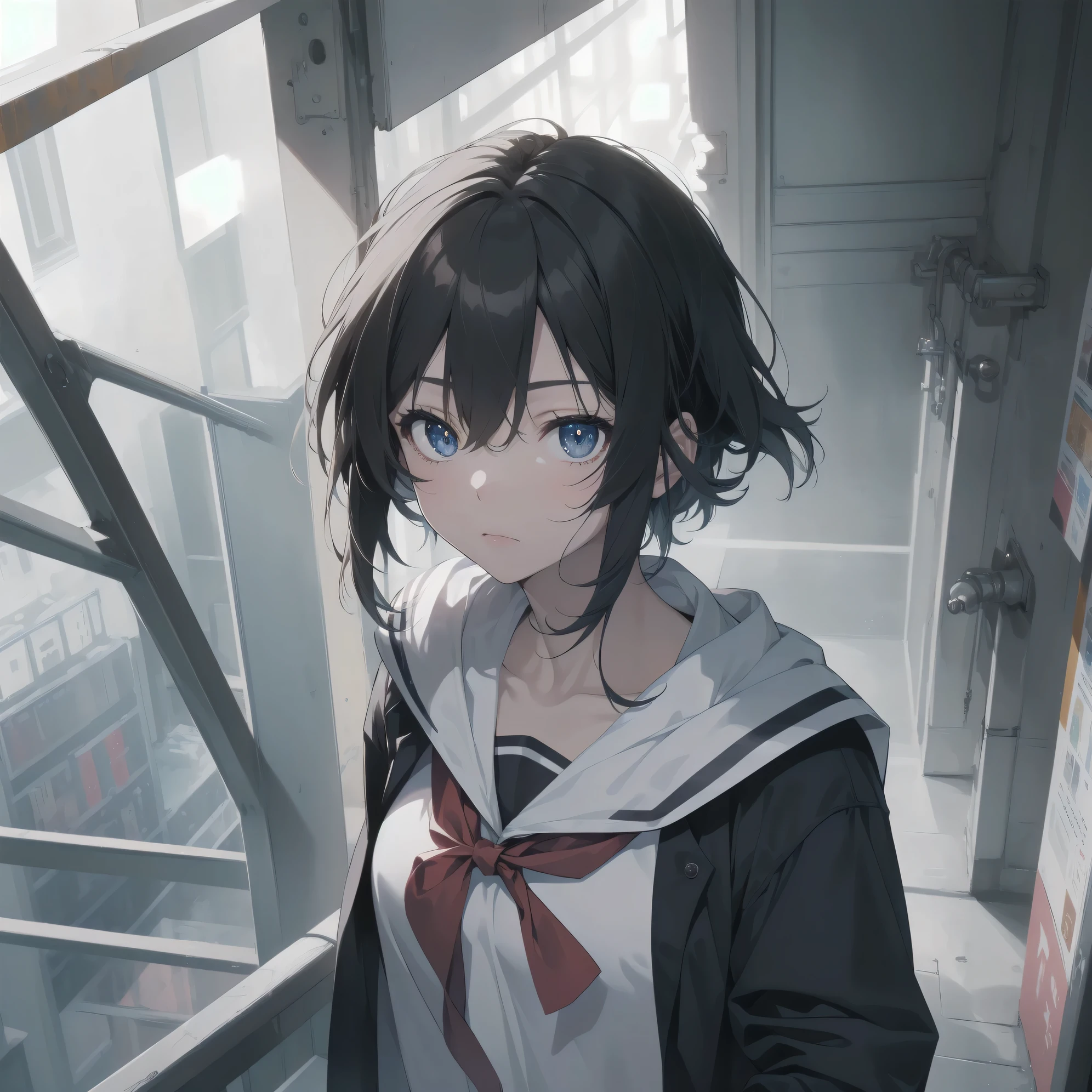 ultra-absurdres-Top quality by artist God, ultra-detailed, high resolution, anime moe artstyle, best anime 8k konachan wallpaper, pixiv contest winner, pool:2810, perfect anatomy,break, 1girl, (Please draw a girl walking sleepily to school alone. )break,(Solo,little female, 13-year-old:1.3),Full limbs, complete fingers,a junior high school student, (very short hair), short cut, flat chest, , small butt, small black eyes, beautiful detailed eyes, well-proportioned iris and pupils, expressive eyes, highres detailed hair, soft expression, salor school_uniform, sailor collar, serahuku, bow, pleated skirt,(Detailed Lighting), (Detailed background), in the School commute route. break,super detailed skin, Best cinematic lighting powered by famous artist, 8k,beauty illustration,photoshop_(medium),very aesthetic,break,((artist:tomose_shunsaku )), artist:clamp ,artist:carnelian ,artist:kantoku ,